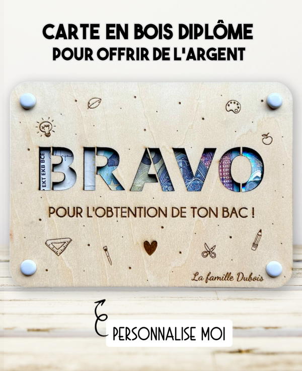 carte diplôme bois, carte cadeau argent diplôme, cadeau bac original, cadeau réussite examen
