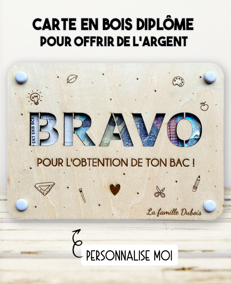 carte diplôme bois, carte cadeau argent diplôme, cadeau bac original, cadeau réussite examen
