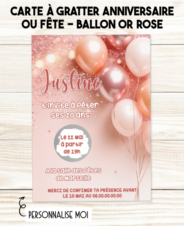 invitation anniversaire grattable, carte à gratter rose doré, fête surprise, invitation personnalisée, anniversaire chic