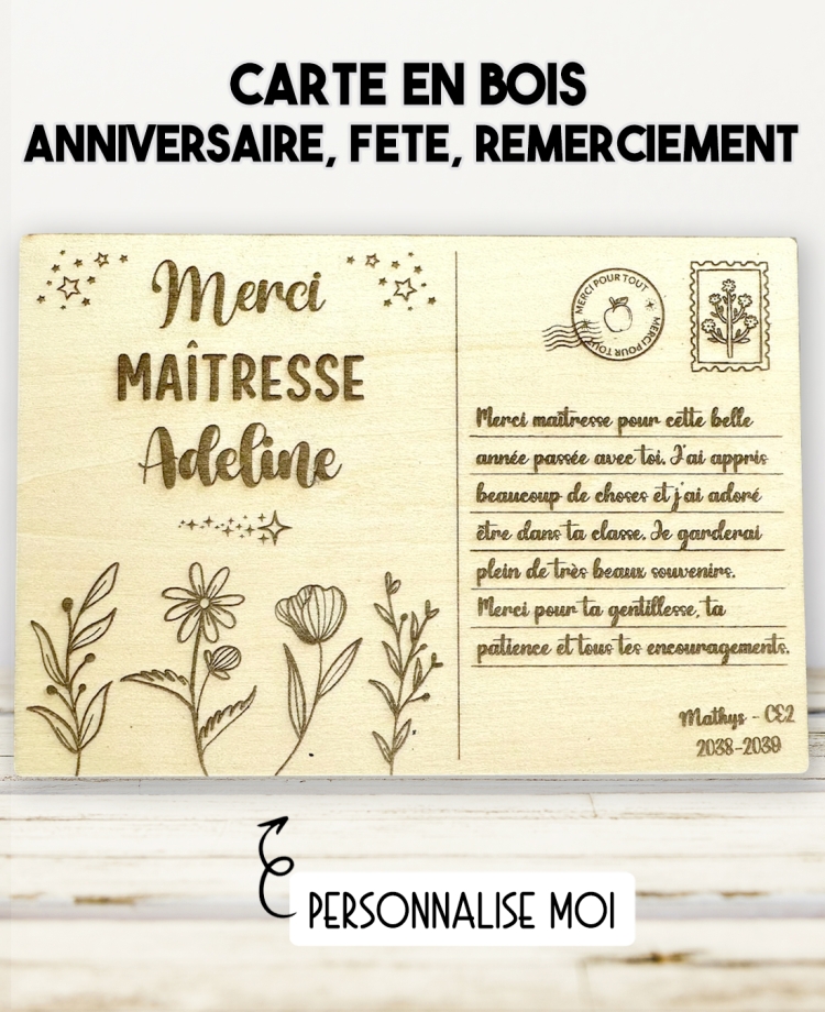 carte en bois personnalisée, cadeau anniversaire, carte remerciement bois, cadeau fête personnalisé, cadeau souvenir original