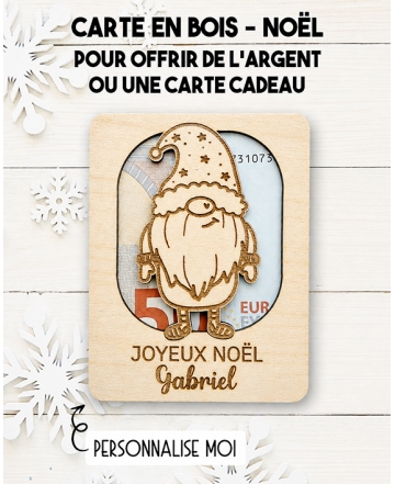 carte en bois Noël Gnome. Carte cadeau Noël. Cadeau Noël original. offrir argent Noël original