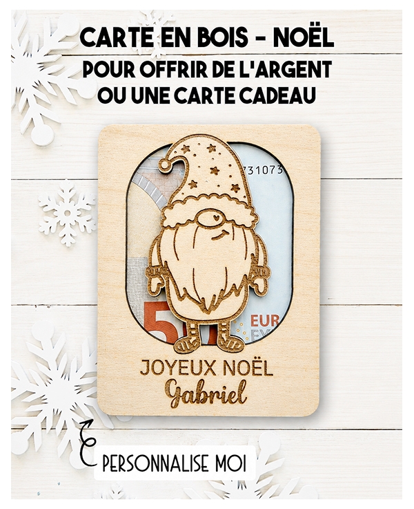 carte en bois Noël Gnome. Carte cadeau Noël. Cadeau Noël original. offrir argent Noël original