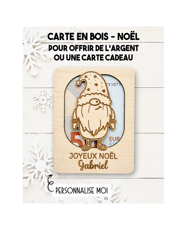carte en bois Noël Gnome. Carte cadeau Noël. Cadeau Noël original. offrir argent Noël original