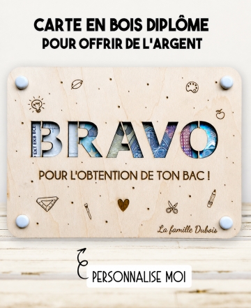 carte diplôme bois, carte cadeau argent diplôme, cadeau bac original, cadeau réussite examen