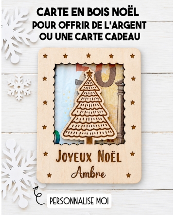 carte en bois Noël Sapin. Carte cadeau Noël. Cadeau Noël original. offrir argent Noël original