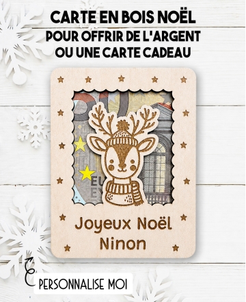 carte en bois Noël Renne. Carte cadeau Noël. Cadeau Noël original. offrir argent Noël original