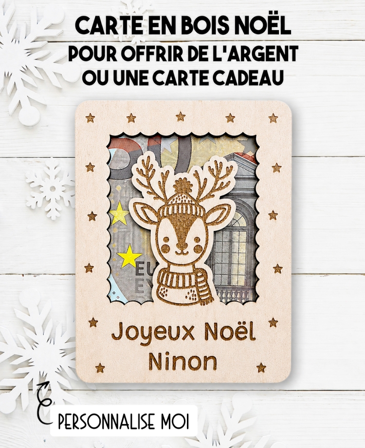 carte en bois Noël Renne. Carte cadeau Noël. Cadeau Noël original. offrir argent Noël original. enveloppe argent