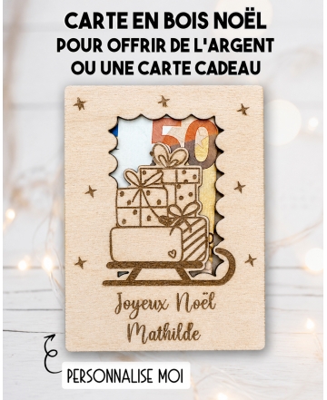 carte en bois Noël Traineau. Carte cadeau Noël. Cadeau Noël original. offrir argent Noël original