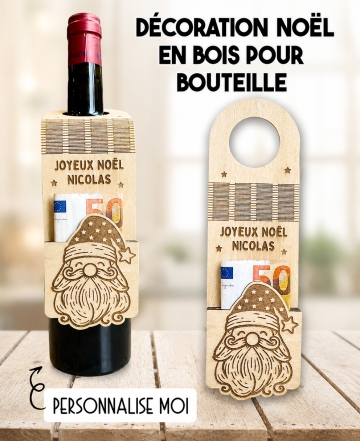 Décoration de bouteille en bois Noël. cadeau Noël. idée cadeau Noël. carte cadeau Noël. argent Noël