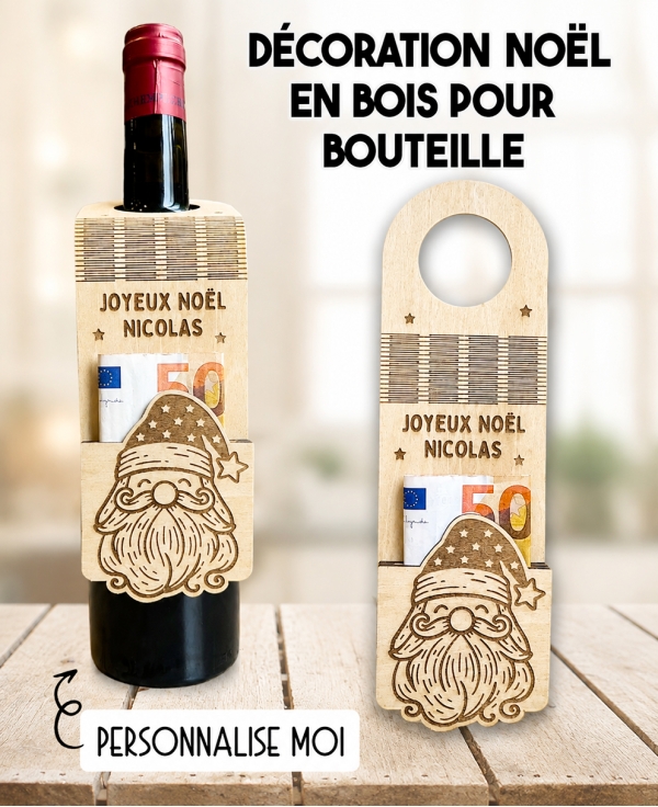Décoration de bouteille en bois Noël. cadeau Noël. idée cadeau Noël. carte cadeau Noël. argent Noël