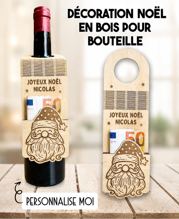 Décoration de bouteille en bois Noël. cadeau Noël. idée cadeau Noël. carte cadeau Noël. argent Noël
