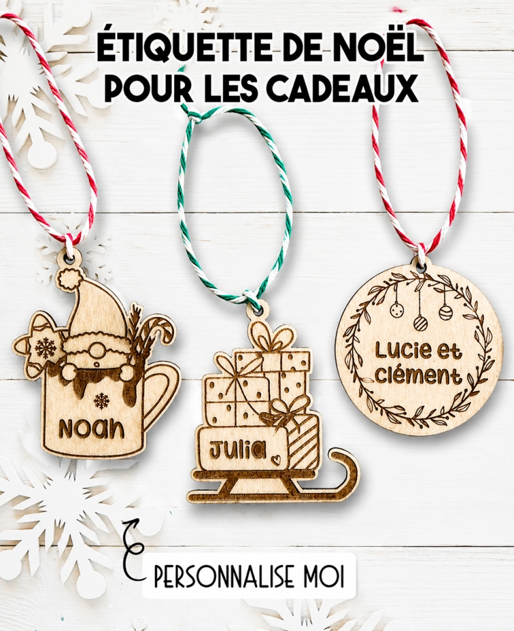 Étiquette en bois Noël pour les cadeaux. étiquette prénom Noël