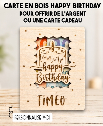 carte en bois Happy Birthday. Carte cadeau anniversaire. Cadeau original joyeux anniversaire. offrir argent original enfant