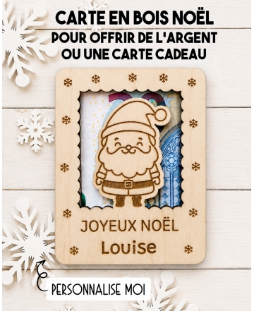 carte en bois père Noël. Carte cadeau Noël. Cadeau Noël original. offrir argent Noël original