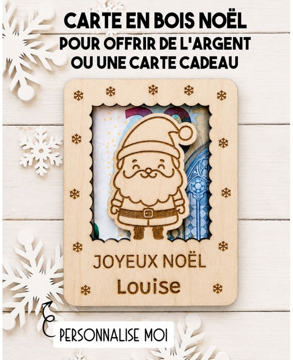 carte en bois père Noël. Carte cadeau Noël. Cadeau Noël original. offrir argent Noël original