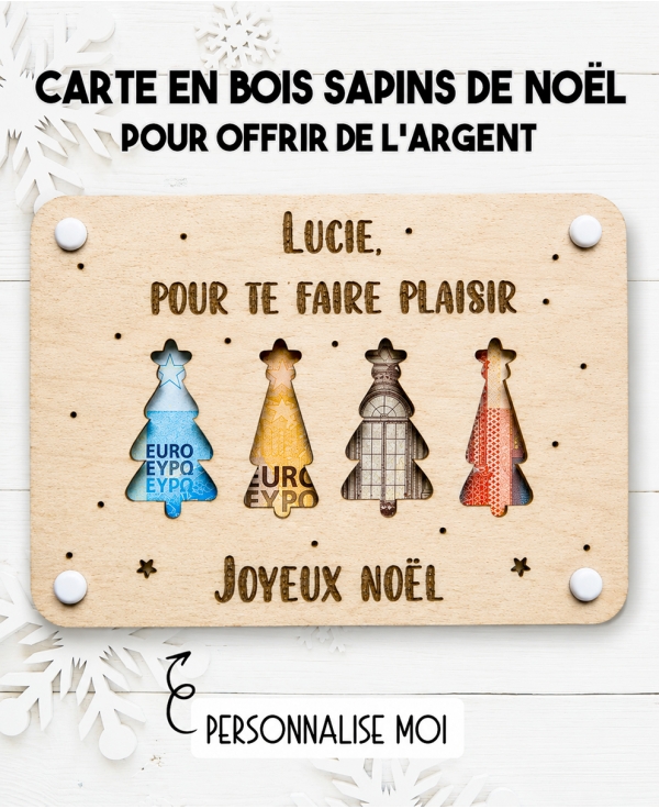 carte en bois Noël, cadeau argent Noël, carte argent personnalisée, cadeau de Noël original, carte cadeau en bois