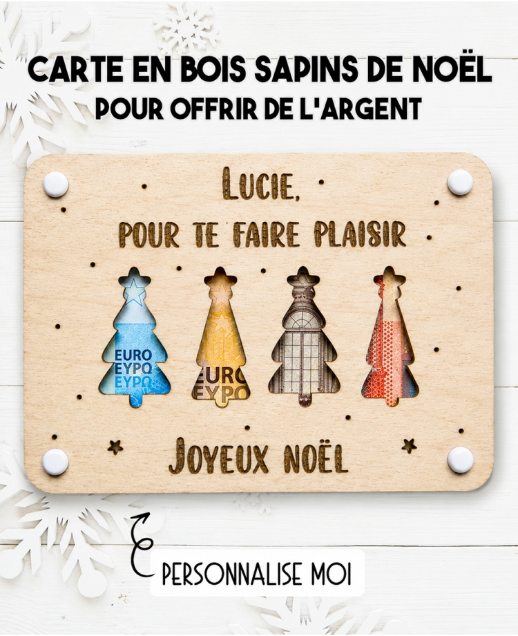 carte en bois Noël, cadeau argent Noël, carte argent personnalisée, cadeau de Noël original, carte cadeau en bois