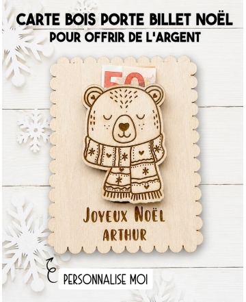 carte bois Noël, porte-billet Noël, cadeau argent Noël, carte argent personnalisée, cadeau Noël personnalisé