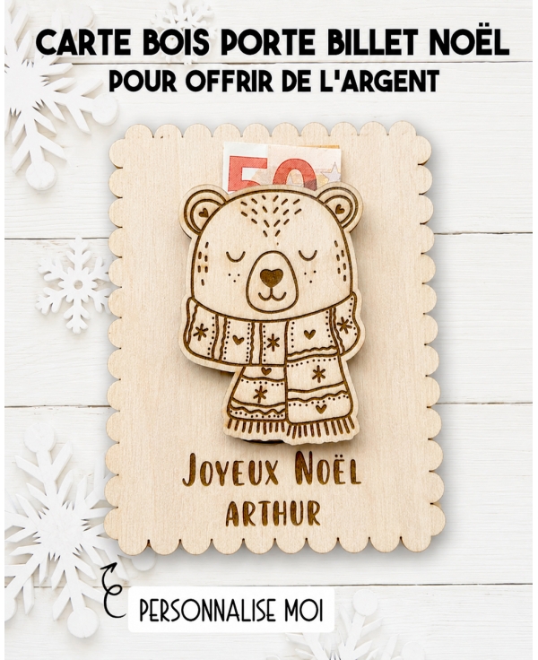 carte bois Noël, porte-billet Noël, cadeau argent Noël, carte argent personnalisée, cadeau Noël personnalisé