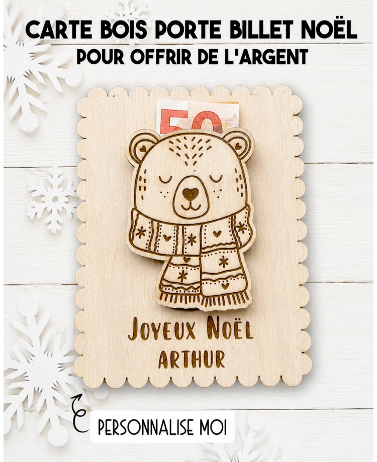 carte bois Noël, porte-billet Noël, cadeau argent Noël, carte argent personnalisée, cadeau Noël personnalisé