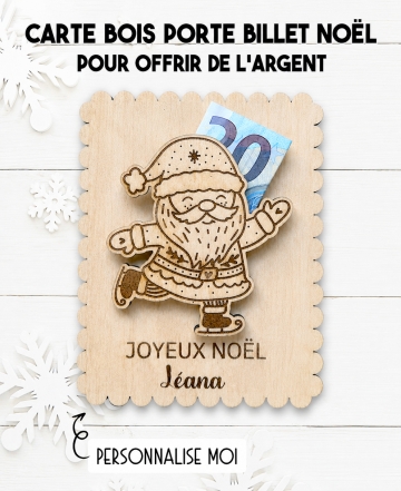 carte bois Noël, porte-billet Noël, cadeau argent Noël, carte argent personnalisée, cadeau Noël personnalisé