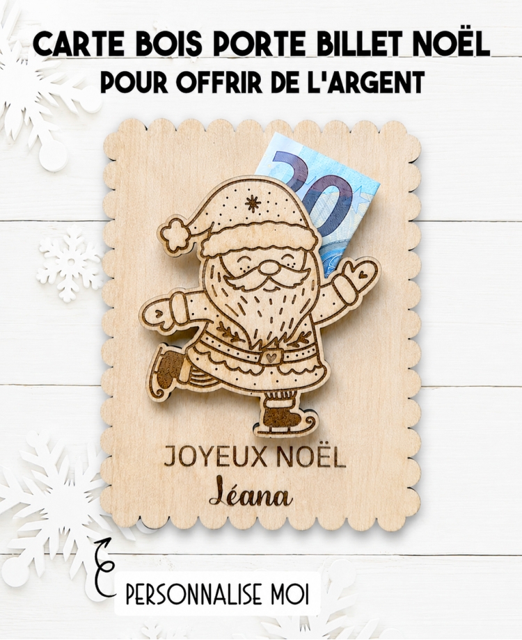 carte bois Noël, porte-billet Noël, cadeau argent Noël, carte argent personnalisée, cadeau Noël personnalisé