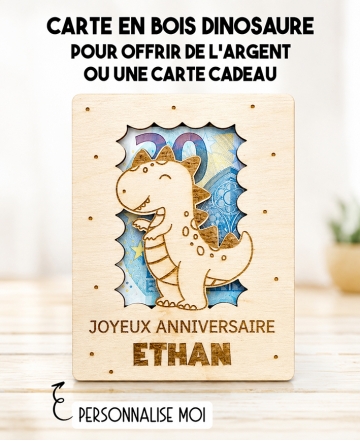 carte en bois Noël. Carte cadeau Dinosaure. Cadeau original enfant. offrir argent original enfant