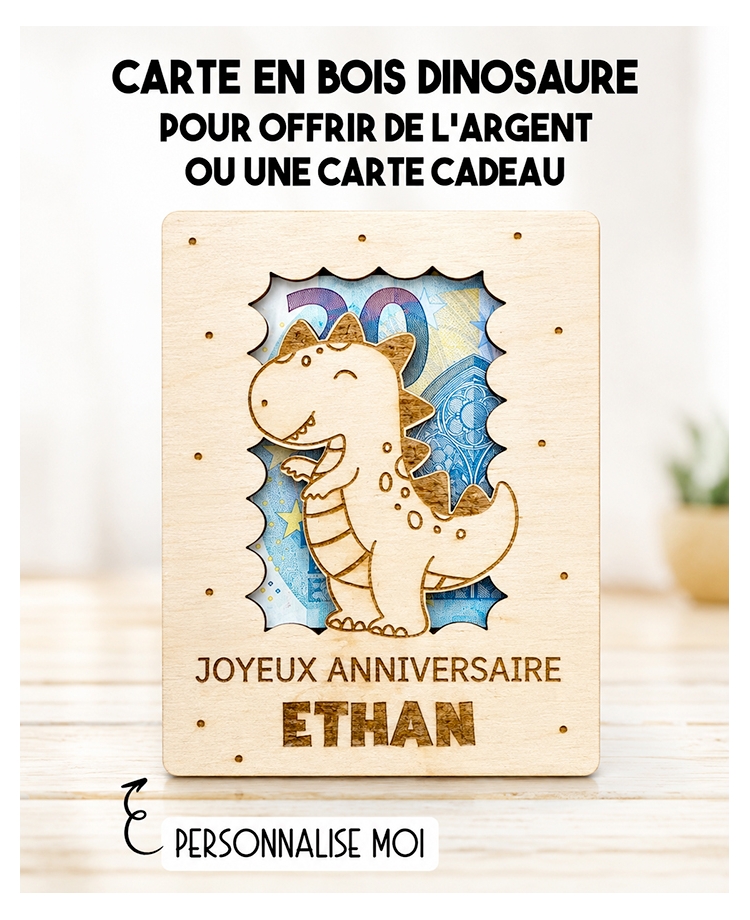 carte en bois Noël. Carte cadeau Dinosaure. Cadeau original enfant. offrir argent original enfant