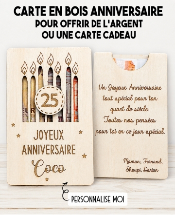 carte en bois anniversaire. Carte cadeau fête. Cadeau anniversaire original. offrir argent anniversaire original