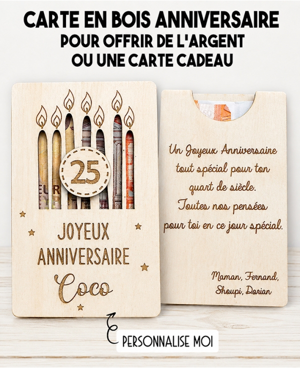 carte en bois anniversaire. Carte cadeau fête. Cadeau anniversaire original. offrir argent anniversaire original