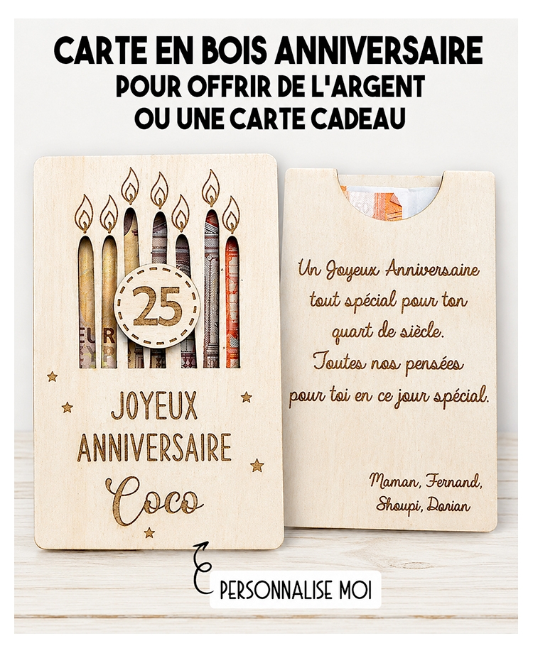 carte en bois anniversaire. Carte cadeau fête. Cadeau anniversaire original. offrir argent anniversaire original