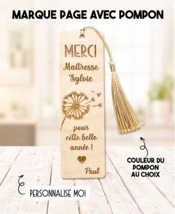 Marque page pompon en bois. marque page adulte bois personnalisé. cadeau maîtresse