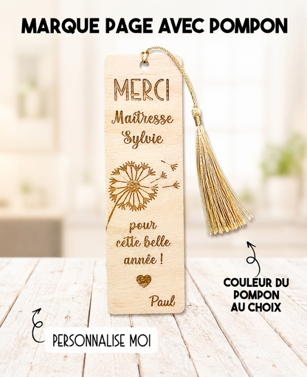 Marque page pompon en bois. marque page adulte bois personnalisé. cadeau maîtresse