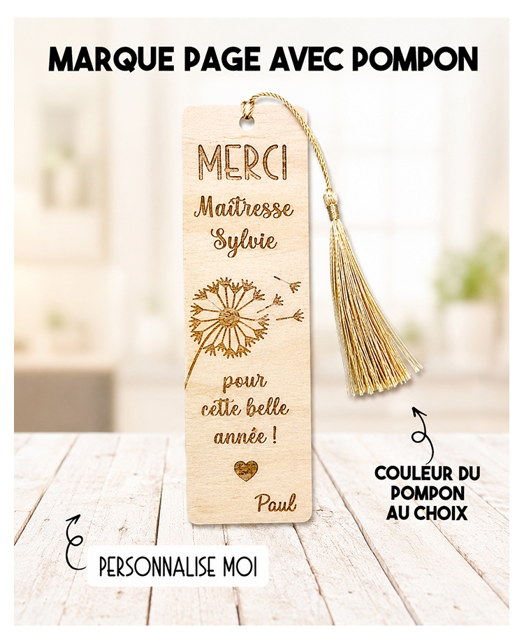 Marque page pompon en bois. marque page adulte bois personnalisé. cadeau maîtresse