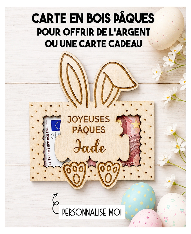 carte en bois Pâques, carte Lapin Pâques, cadeau Pâques enfant, 
carte cadeau Pâques, offrir de l’argent Pâques
