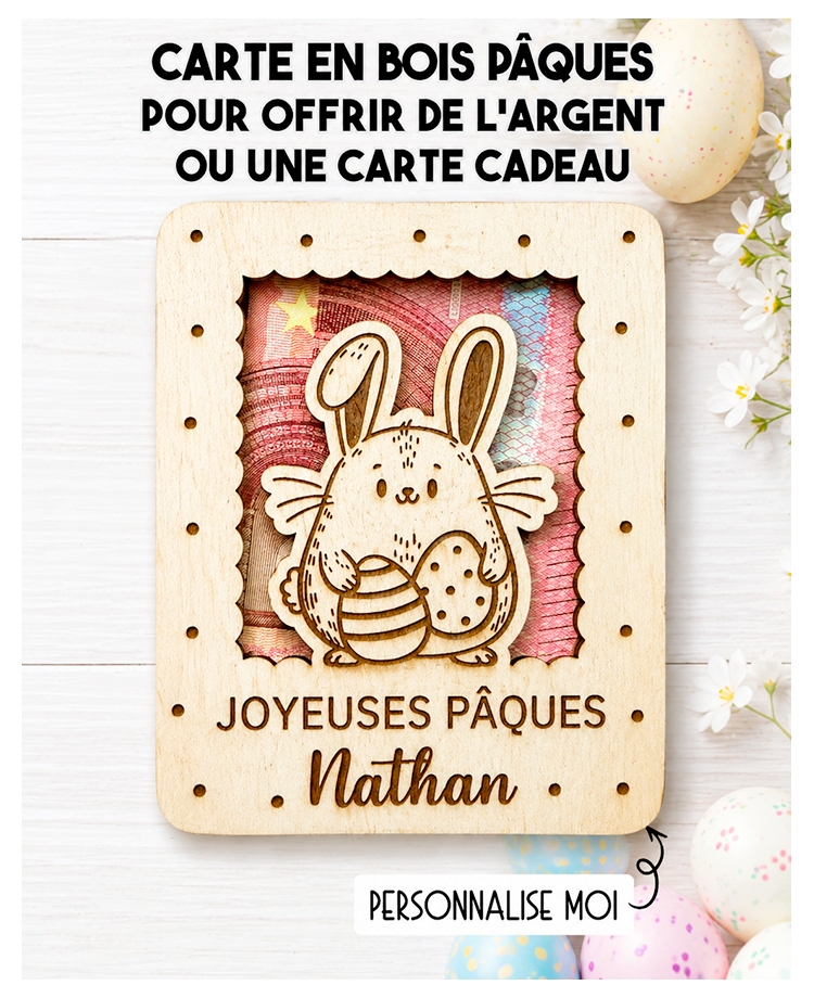 carte en bois Pâques, carte Pâques enfant, carte lapin bois, cadeau Pâques, offrir argent Pâques, cadeau pâques original