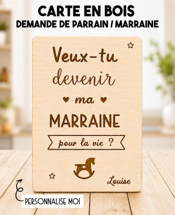 Carte en bois demande de parrain ou marraine. carte bois annonce grossesse. carte bois parrain. carte bois marraine
