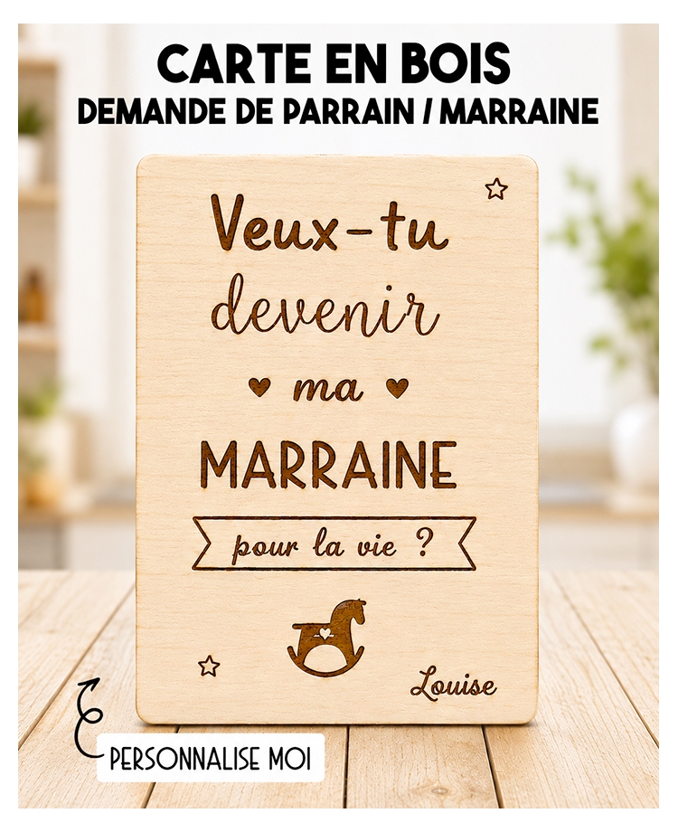 Carte en bois demande de parrain ou marraine. carte bois annonce grossesse. carte bois parrain. carte bois marraine