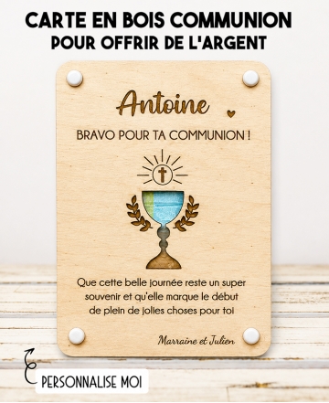 carte communion bois, carte gravée communion, cadeau communion original, enveloppe argent communion, support billet communion