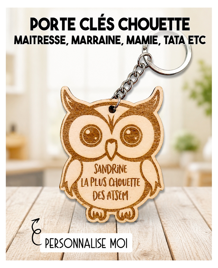 porte clés chouette marraine. Porte clés chouette maitresse. Porte clés bois cadeau. cadeau bois maitresse.