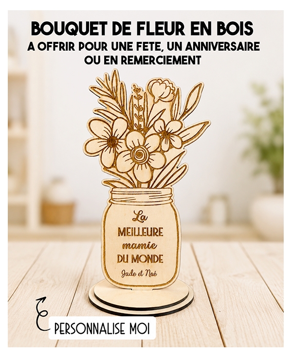 Décoration bouquet de fleurs en bois. cadeau maitresse. cadeau fete mamie. cadeau maman. cadeau personnalisé nounou.