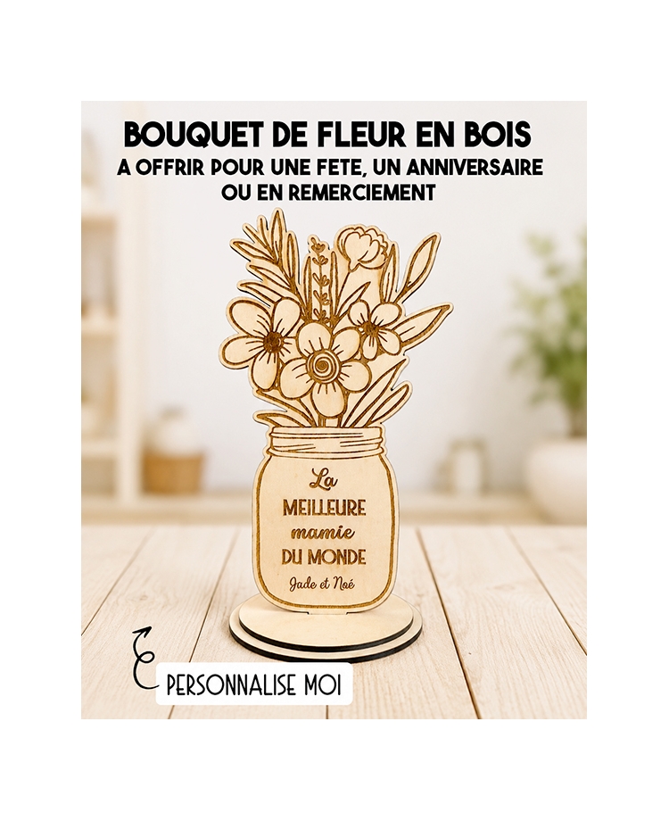 Décoration bouquet de fleurs en bois. cadeau maitresse. cadeau fete mamie. cadeau maman. cadeau personnalisé nounou.