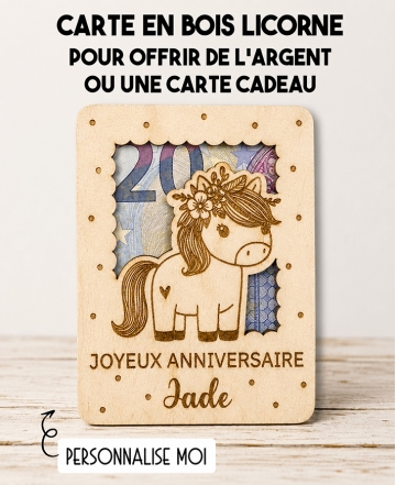 carte en bois licorne, carte cadeau licorne, cadeau enfant licorne, 
carte pour offrir de l’argent, cadeau anniversaire fille