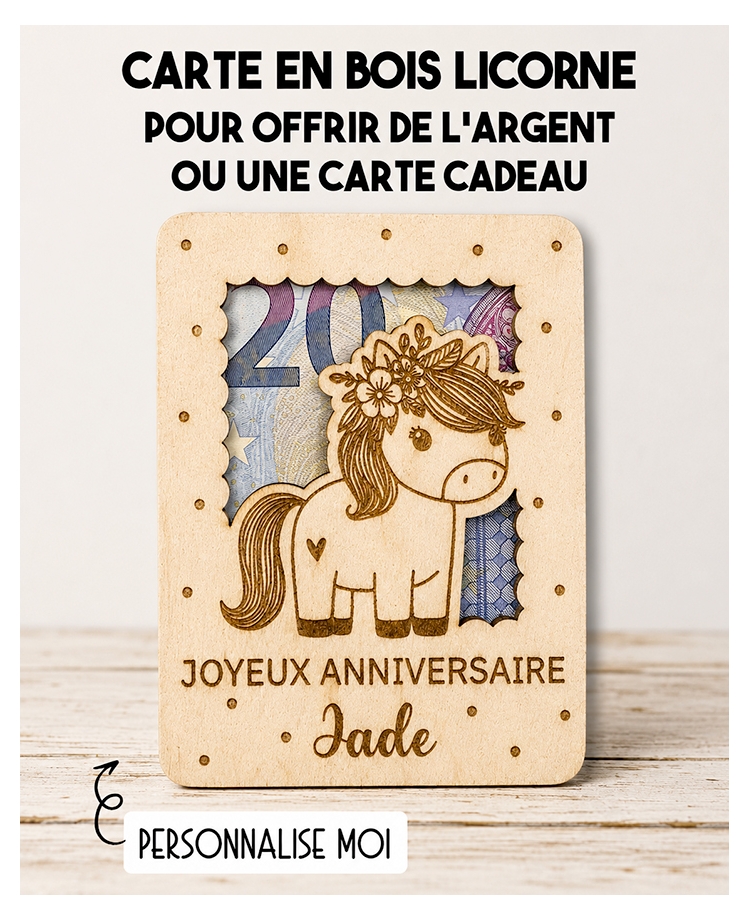 carte en bois licorne, carte cadeau licorne, cadeau enfant licorne, 
carte pour offrir de l’argent, cadeau anniversaire fille