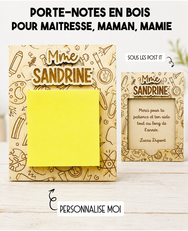 porte-notes en bois, porte Post-it personnalisé, cadeau maîtresse, cadeau maman, cadeau mamie, cadeau fin d'année scolaire