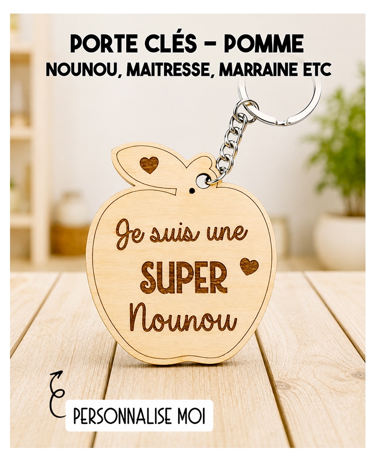 Porte clés pomme maitresse. Porte clés bois cadeau. cadeau bois maitresse. cadeau ATSEM original. Porte clés ATSEM