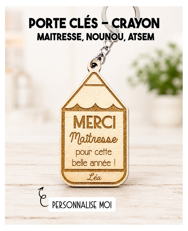 Porte clés maitresse. Porte clés bois cadeau. cadeau bois maitresse. cadeau ATSEM original. Porte clés ATSEM