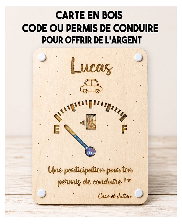 carte cadeau permis, aide permis de conduire, cadeau code de la route, carte en bois permis, cadeau futur conducteur