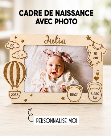 Cadre photo naissance en bois. cadeau naissance. souvenir naissance. cadre naissance