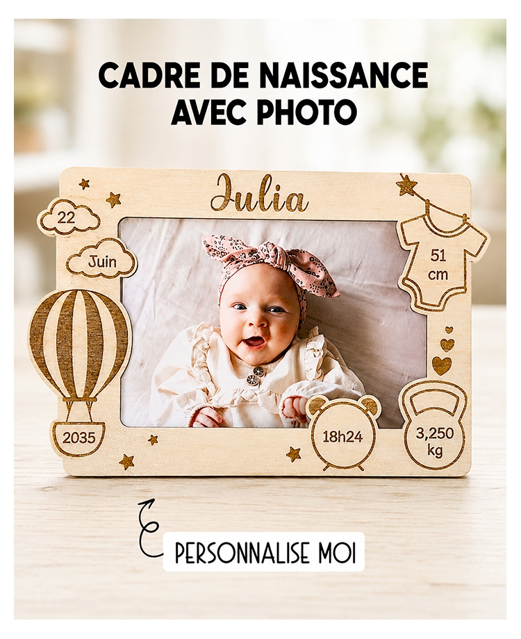 Cadre photo naissance en bois. cadeau naissance. souvenir naissance. cadre naissance